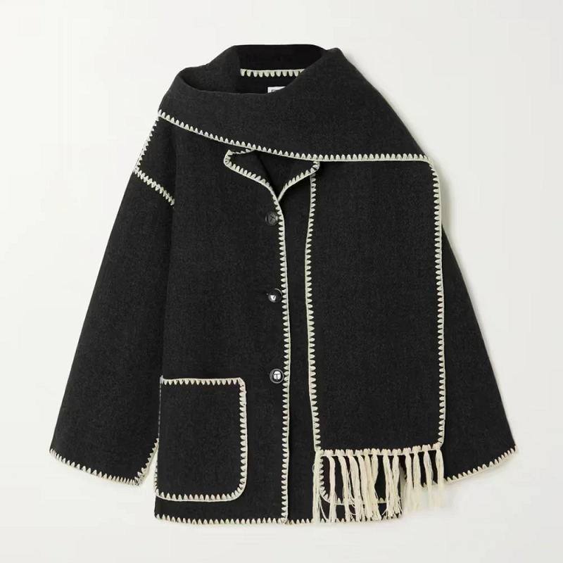 Lauren | Mélange Wollschal Jacke Schwarz Decorique.de