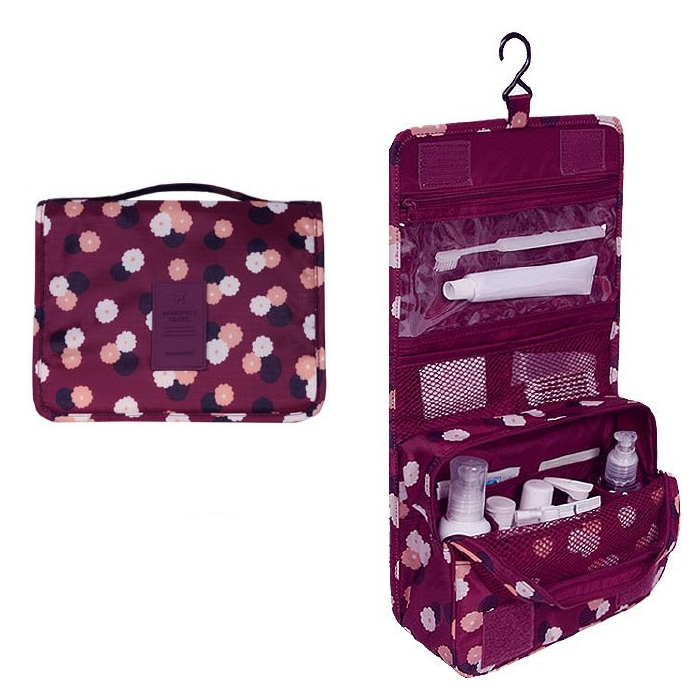 TravelEase | Wasserabweisende Reise-Kosmetiktasche mit Haken Weinrote Blumen Decorique.de